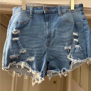 Fashion Nova Medium Blue Ripped Blue Jean Shorts (1)